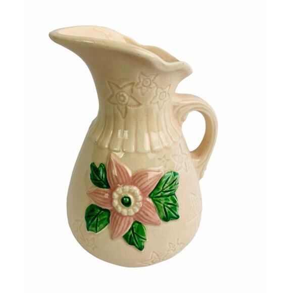 Vintage Made in USA Pottery Creamer Pitcher Pink with pink starflowers 6.5"h - Picture 1 of 9